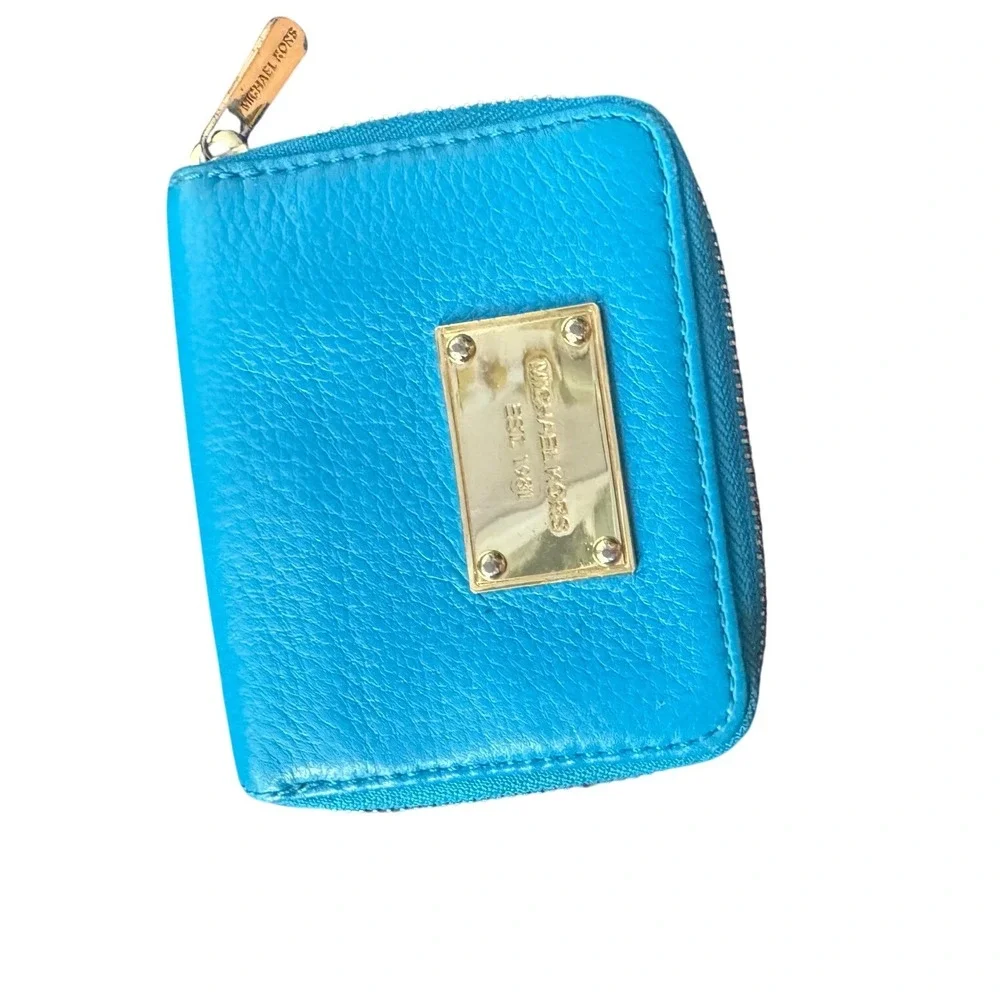 Michael Kors Turquoise Pebbled Leather Small Zip Around Wallet 35T1GT7F1L 4x4x1